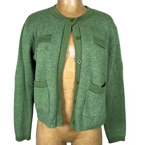Green Flecked Knit Cardigan Sweater Button Front Pocket Twee preppy grandmacore